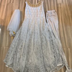 Silver Embellished Anarkali Dress with Matching Pants + Dupatta Size: M